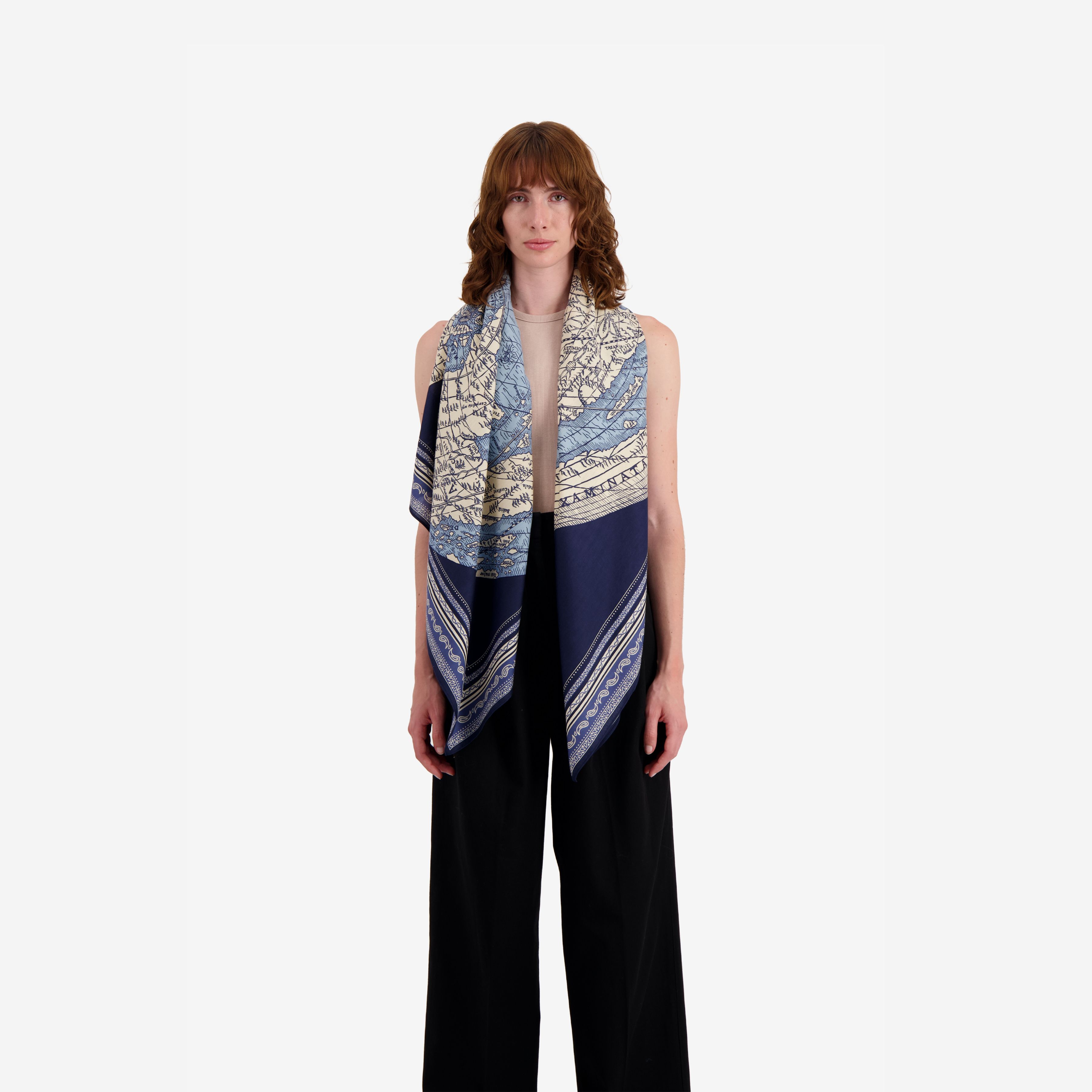 Cashmere Square 130 - Mappemonde - Blue
